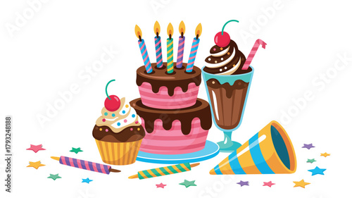 Birthday cake and treats are displayed with party favors and festive decorations.