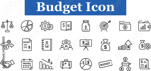 Collection of budget and finance icons, including scales, pie chart, gears, book, jar, target, folder, wallet, handshake, calendar, graph, briefcase, money bag, and flowchart