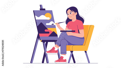 A young woman artist sits on a chair and paints a landscape on an easel.