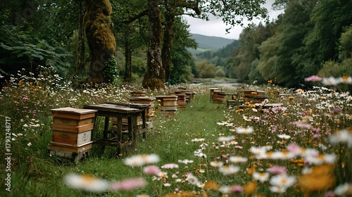 Beehives nestled in a wildflower meadow by a river, creating a serene scene of natures beauty and the symbiotic relationship between bees, flowers, and the environment