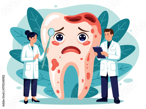 Dentists examine a sad, decayed tooth with cavities and red gums.