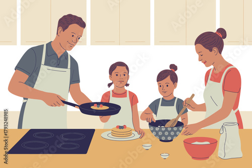 A family is cooking pancakes together in the kitchen
