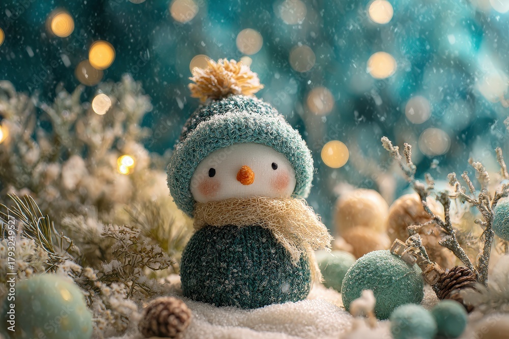 Obraz premium Charming knitted figure stands amidst soft snow and glowing background lights