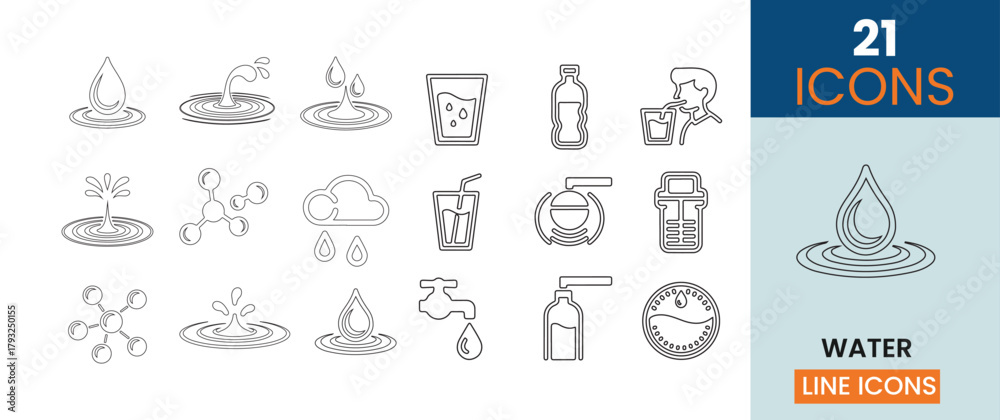 Naklejka premium collection of water related line icons depicting drops plants bottles glasses and various hydration symbols