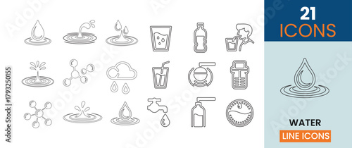 collection of water related line icons depicting drops plants bottles glasses and various hydration symbols