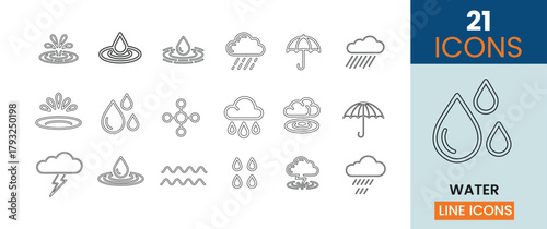 a collection of twenty one linear icons representing different weather conditions and water elements is displayed