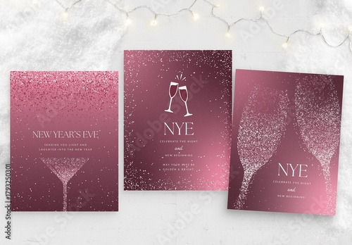 NYE New Years Eve Poster Flyer Template with Champagne Glass Vector in Luxury Pink & Gold Sparkles