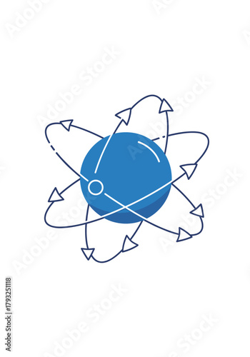 Stylized atom icon with orbiting electrons represented by arrows on a white background.