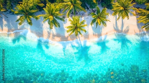 Fototapeta Naklejka Na Ścianę i Meble -  White sand beach, overhanging coconut trees, drone view