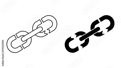 Vector art of Two broken chain links are shown in black and white, the chain is a symbol of weakness and fragility