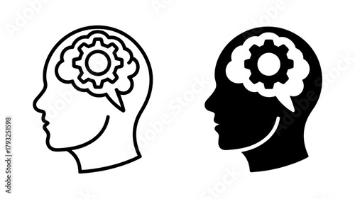 Human head with gear inside, representing thinking process, symbolizes intelligence, creativity, and problemsolving skills