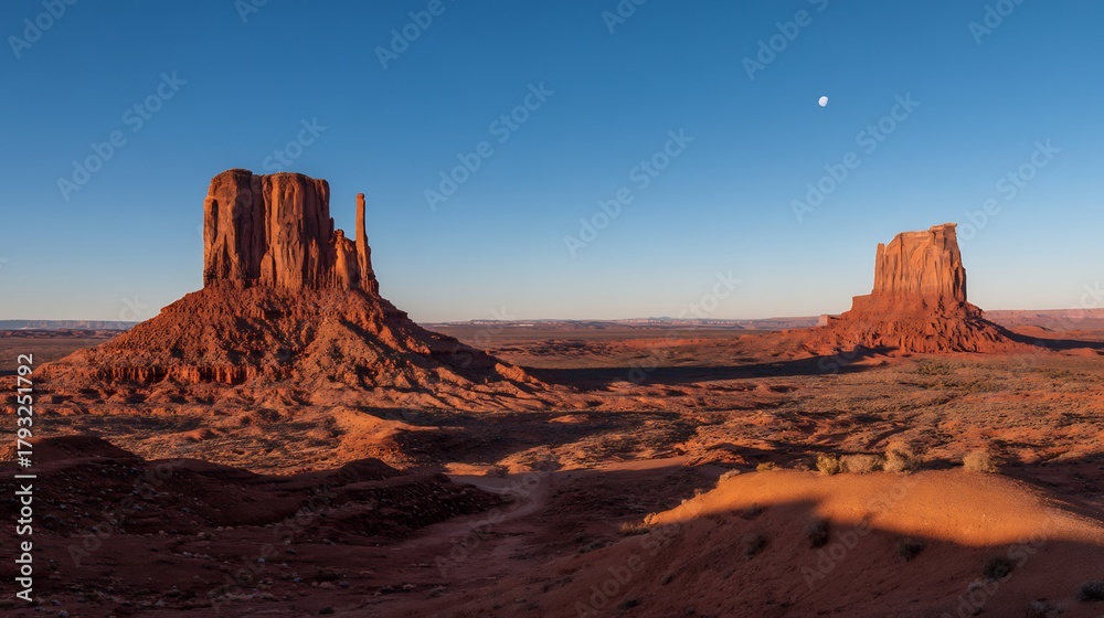 Fototapeta premium Desert Rock Formations at Sunset, with a Vast Blue Sky Landscape showcasing a Unique Geological Formation