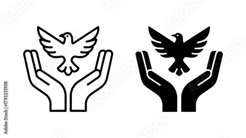 Hands holding a dove symbol of peace, love, hope, freedom, and spirituality vector illustration of line and solid icon