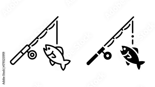 Fishing rod with fish black and white vector illustration of fishing equipment for catching fish in the river