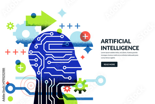 Vector illustration of head with circuit chip. Innovation, digital mind, artificial intelligence, future tech concept