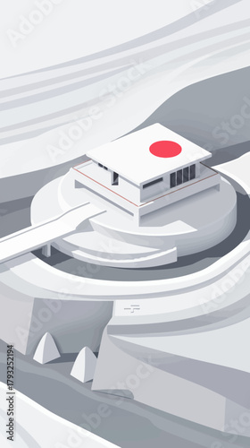 Modern minimalist house with a red accent circle on a flat roof, set in a serene, abstract white and grey conceptual landscape with hills