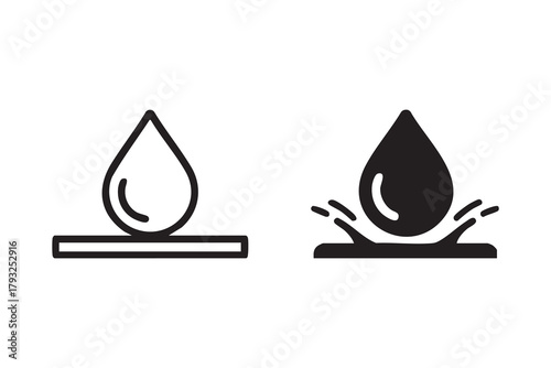 Waterproof icon. Containing water resistant, water protection, hydrophobic fabric and more.