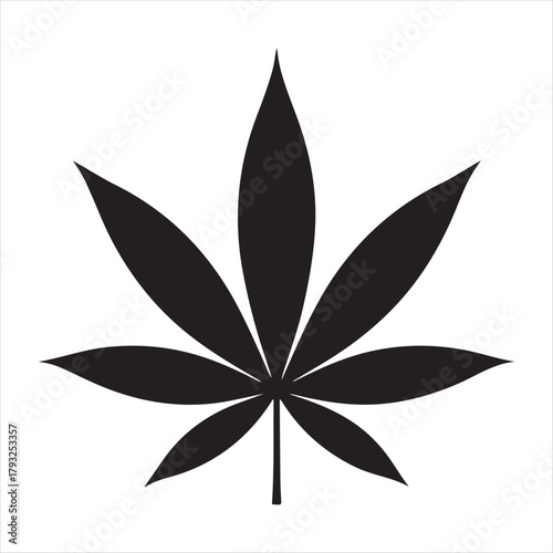 Black silhouette of a cannabis leaf with a textured grunge effect on a white background