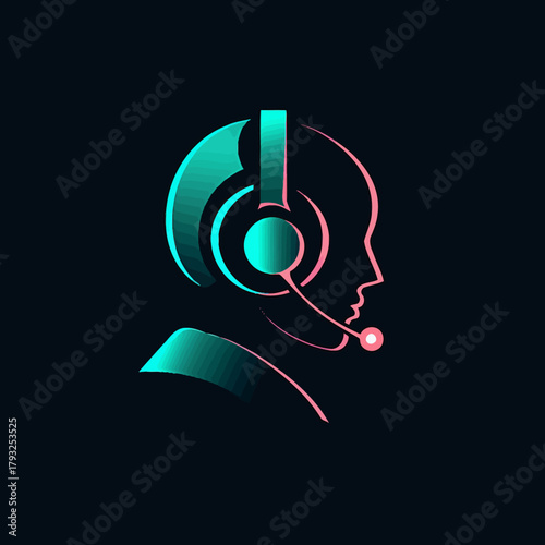 Futuristic customer service icon: Gradient silhouette head with headset and microphone, tech support, communication, call center.
