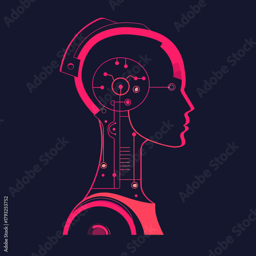 Futuristic artificial intelligence head profile with internal circuits, digital brain, and advanced technology concept illustration