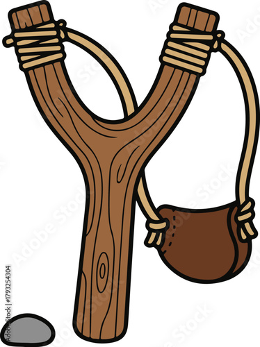 Handmade wooden slingshot with leather pouch and stone, vintage toy cartoon vector illustration