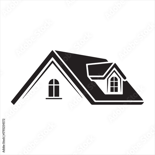 Black silhouette of a house roof with dormer window and attic window