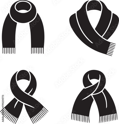 Four black scarf icons with fringe in different styles accessory fashion