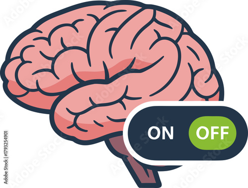 The brain icon with the "ON/OFF" switch symbolizes active thinking, the "race to re-learn," and mental flexibility. It is ideal for the concept of the "eternal student" and cognitive control.