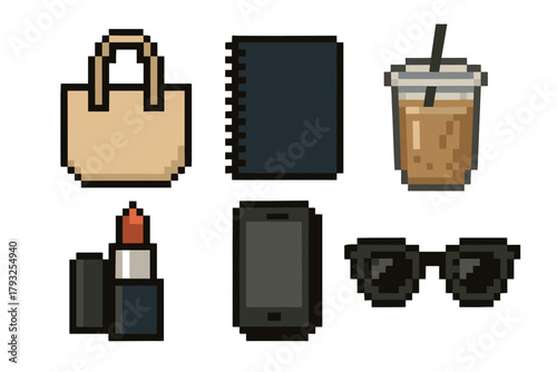 Pixel art depiction of daily essentials featuring a handbag, notebook, iced coffee, lipstick, smartphone, and sunglasses arranged in a neat layout.