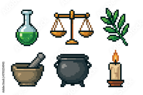 Pixel art illustrations featuring a potion bottle, balance scales, plant branch, mortar and pestle, cauldron, and candle.