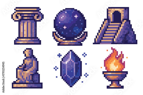 Pixel art grid featuring a classical column, starry orb, ancient pyramid, statue, crystal, and burning brazier in a retro video game style.
