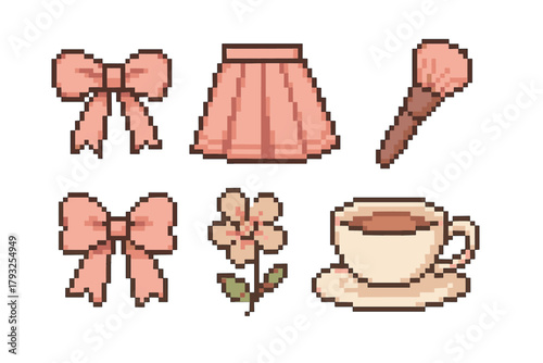 Pixel art set of a pink bow, skirt, makeup brush, flower, and teacup with saucer, depicted in a simplistic and retro 8-bit style.