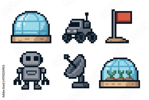 Pixel art set featuring a glass dome, a space rover, a flag, a robot, a satellite dish, and a greenhouse with plants.
