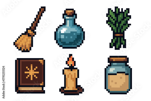 Pixel art collection of six magical items including a broom, potion bottle, herbs, spellbook, candle, and jar, each with a distinctive retro design.