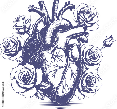 Anatomical human heart with rose flowers vintage illustration