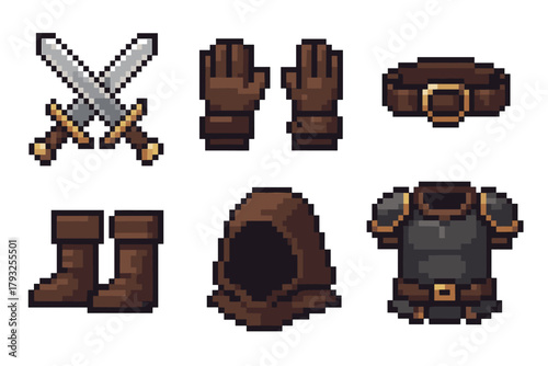 Pixel art depiction of medieval-style clothing and armor set including swords, gloves, belt, boots, hood, and armored chest plate.