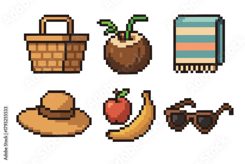 Collection of six pixel art icons featuring a picnic basket, coconut drink, striped mat, straw hat, apple with banana, and sunglasses.