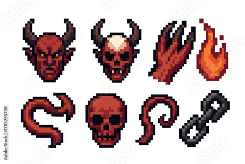 Pixel art icons featuring demonic themes, including horned heads, claws, flames, and chains in a distinct retro style.