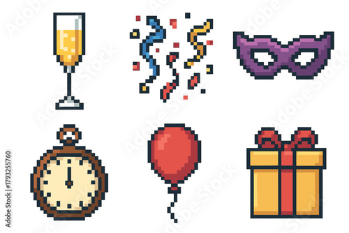 A set of pixel art illustrations featuring a champagne glass, confetti, a masquerade mask, a pocket watch, a red balloon, and a gift box with a red ribbon.