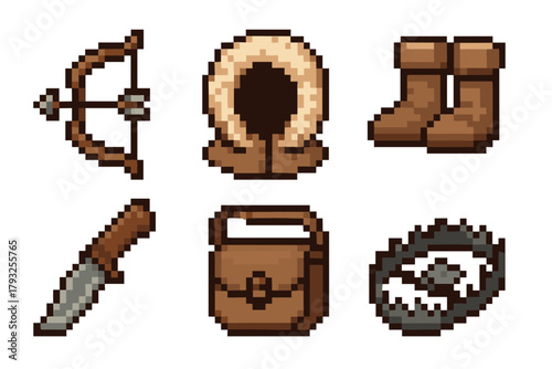 Set of six pixel art icons featuring a bow and arrow, fur coat with hood, boots, knife, leather bag, and bear trap, representing survival and hunting themes.