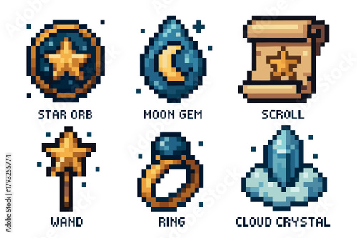 Pixel art showcases a collection of magical items including a star orb, moon gem, scroll, wand, ring, and cloud crystal, each with vibrant colors and detailed designs.