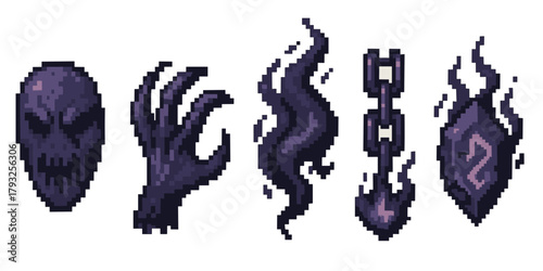 Dark purple pixel art icons depicting a menacing skull, clawed hand, wisp of smoke, intimidating axe, and mystical shield.
