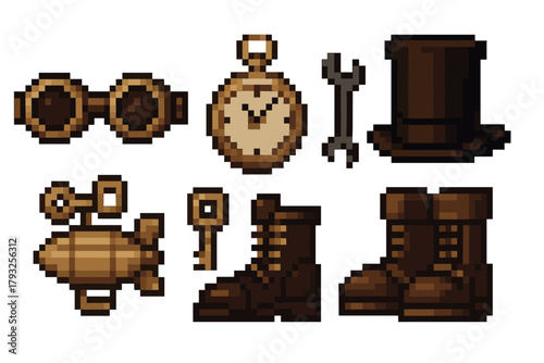 Pixel art steampunk-themed objects including goggles, a pocket watch, wrench, top hat, airship, key, and boots, all in shades of brown.