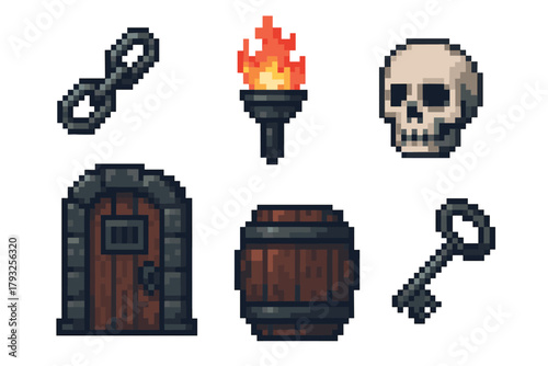 Pixel art design featuring a classic game dungeon set with icons including a wooden door, torch, skull, barrel, key, and shackles.