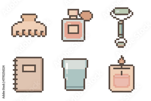 Pixel art illustration of various beauty and grooming items, including a comb, perfume, facial roller, notebook, glass, and lotion bottle, all with a minimalist design.
