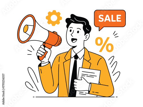 A man in a suit holds a megaphone and announces a sale with a percentage sign nearby.