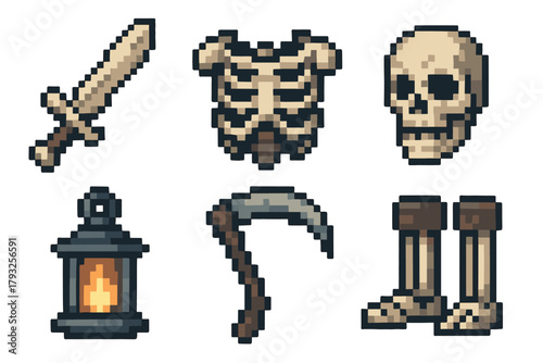 Pixel art icons featuring a sword, ribcage, skull, lantern, scythe, and skeletal legs on a white background.