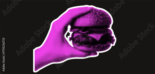 A hand collage pink outline sticker for a transparent burger and retro fast food poster or pop art.