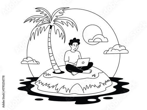 A person sits on a small island under a palm tree, working on a laptop.