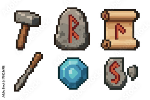 Set of six pixel art icons featuring primitive tools and artifacts including a hammer, carved stones, scroll, staff, and a gem.